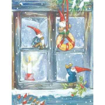 6302 Tonttu-ukot ikkunassa, joulukortti  